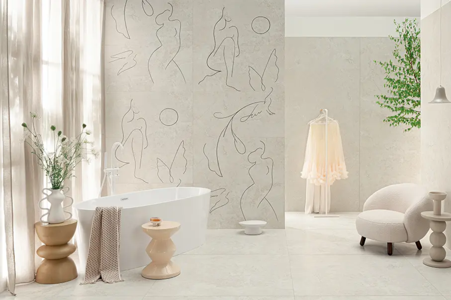 Jasna łazienka w stylu soft minimal z artystyczną dekoracją